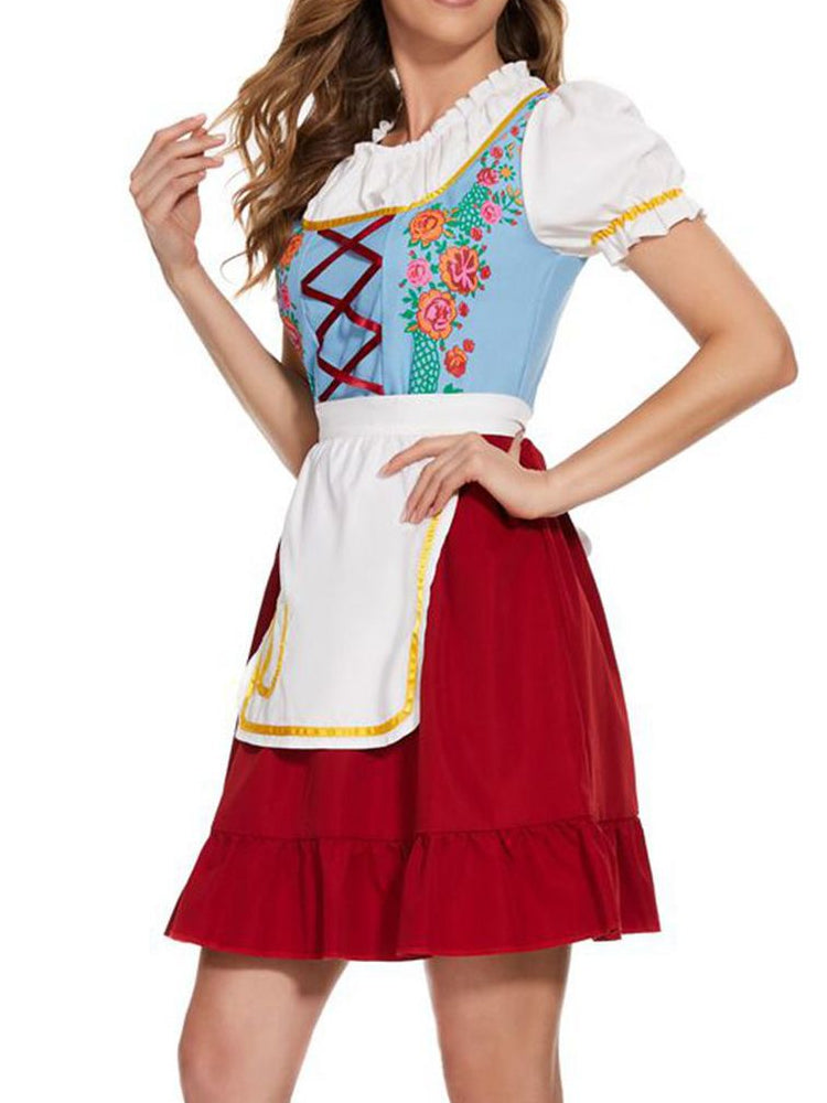 Lindsey™ | Blumenbesticktes Dirndl mit rotem Rock und blauem Mieder