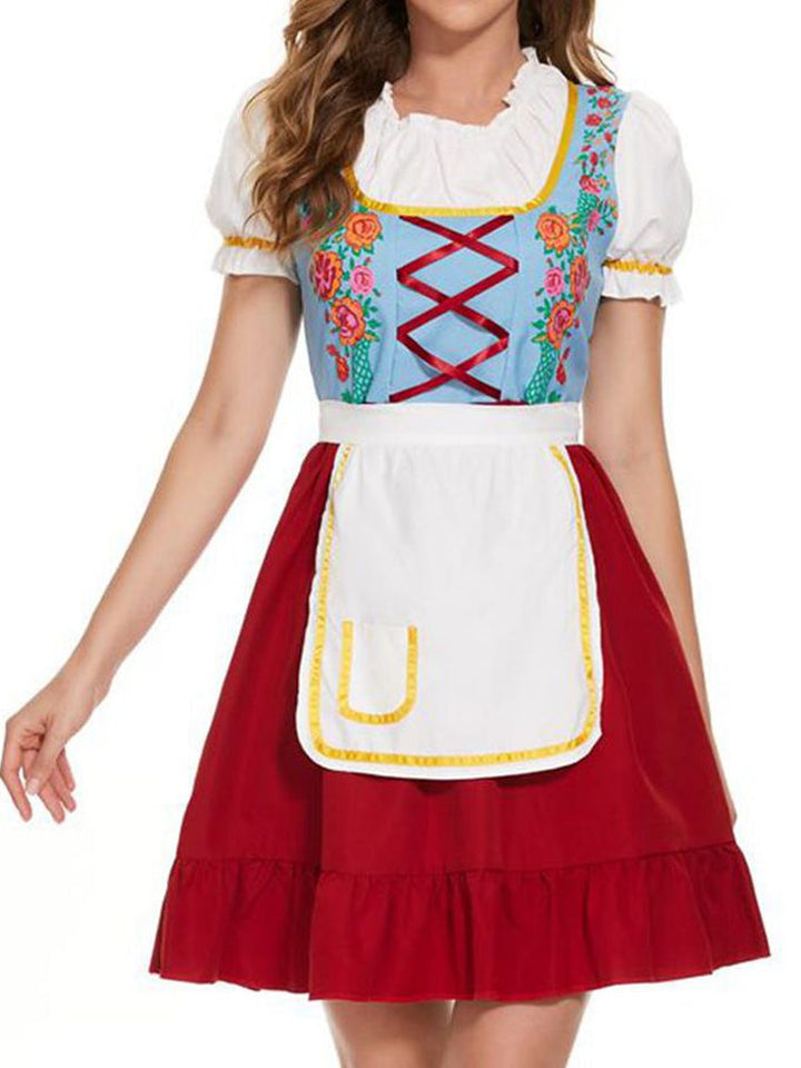 Lindsey™ | Blumenbesticktes Dirndl mit rotem Rock und blauem Mieder