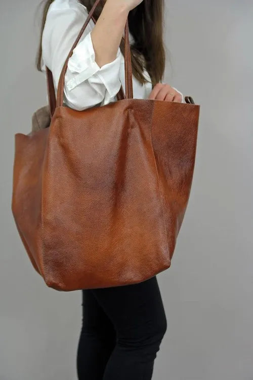 Agnes™ | Elegante braune Ledertasche in Übergröße mit passender Tasche