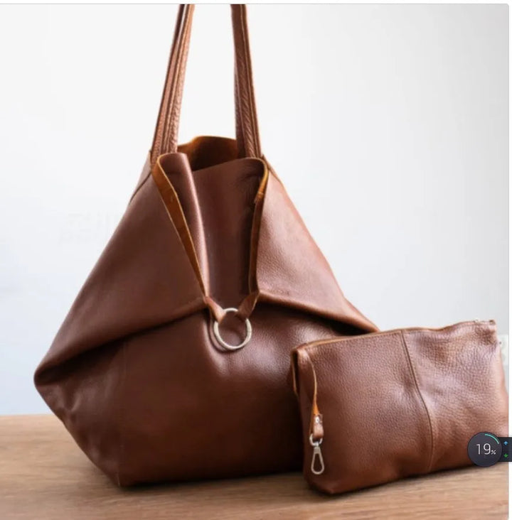 Agnes™ | Elegante braune Ledertasche in Übergröße mit passender Tasche