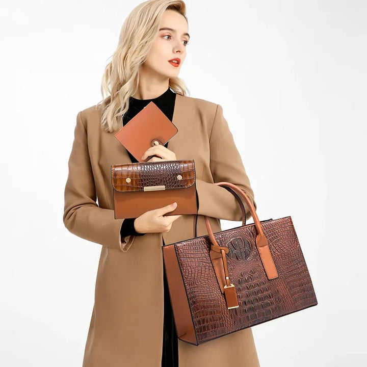 Ingrid™ | Elegantes Handtaschenset mit Krokodilmuster, Geldbörse und Clutch