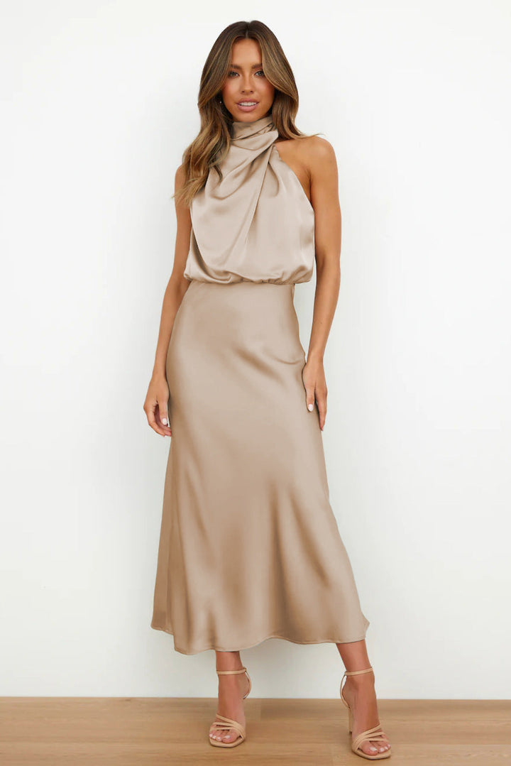 Evonne™ | Elegantes Satin-Midikleid mit Halterneck