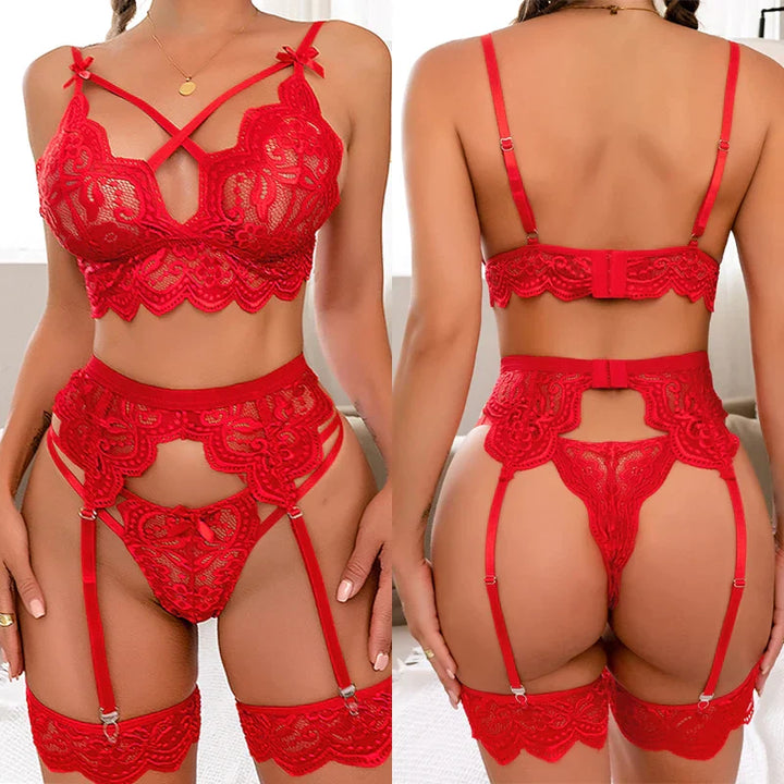 Selma™ | Verführerisches 3-teiliges Dessous-Set aus Spitze mit Strumpfhalter